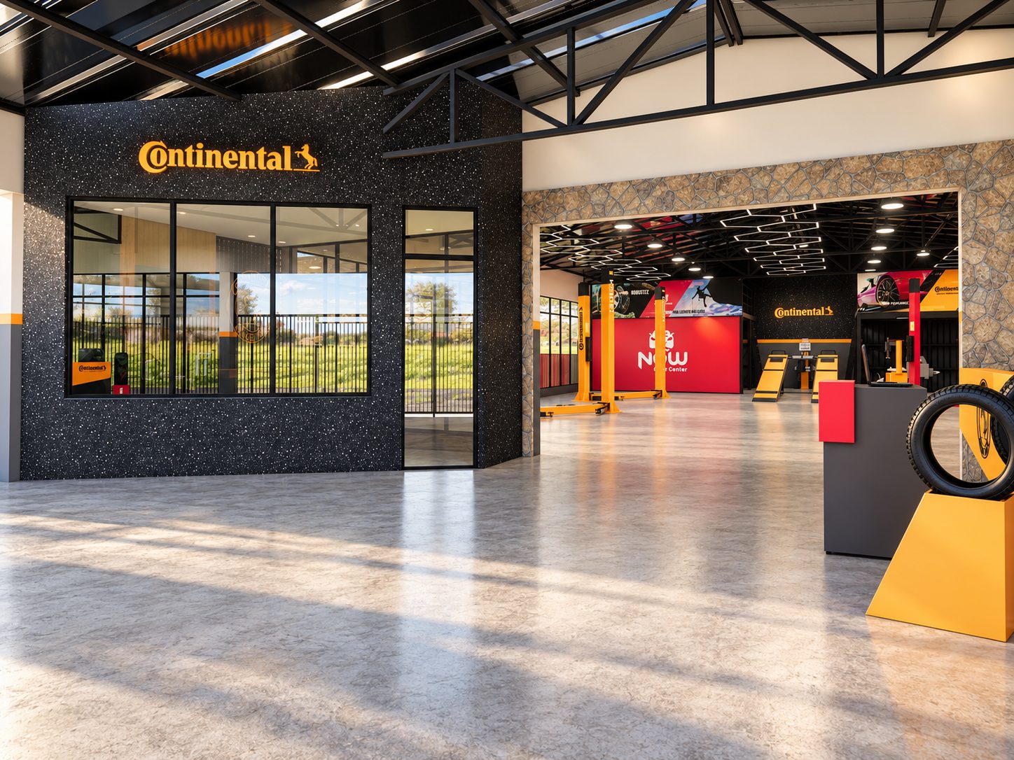 Acesso de autocenter Continental com vitrine, loja e área de serviço