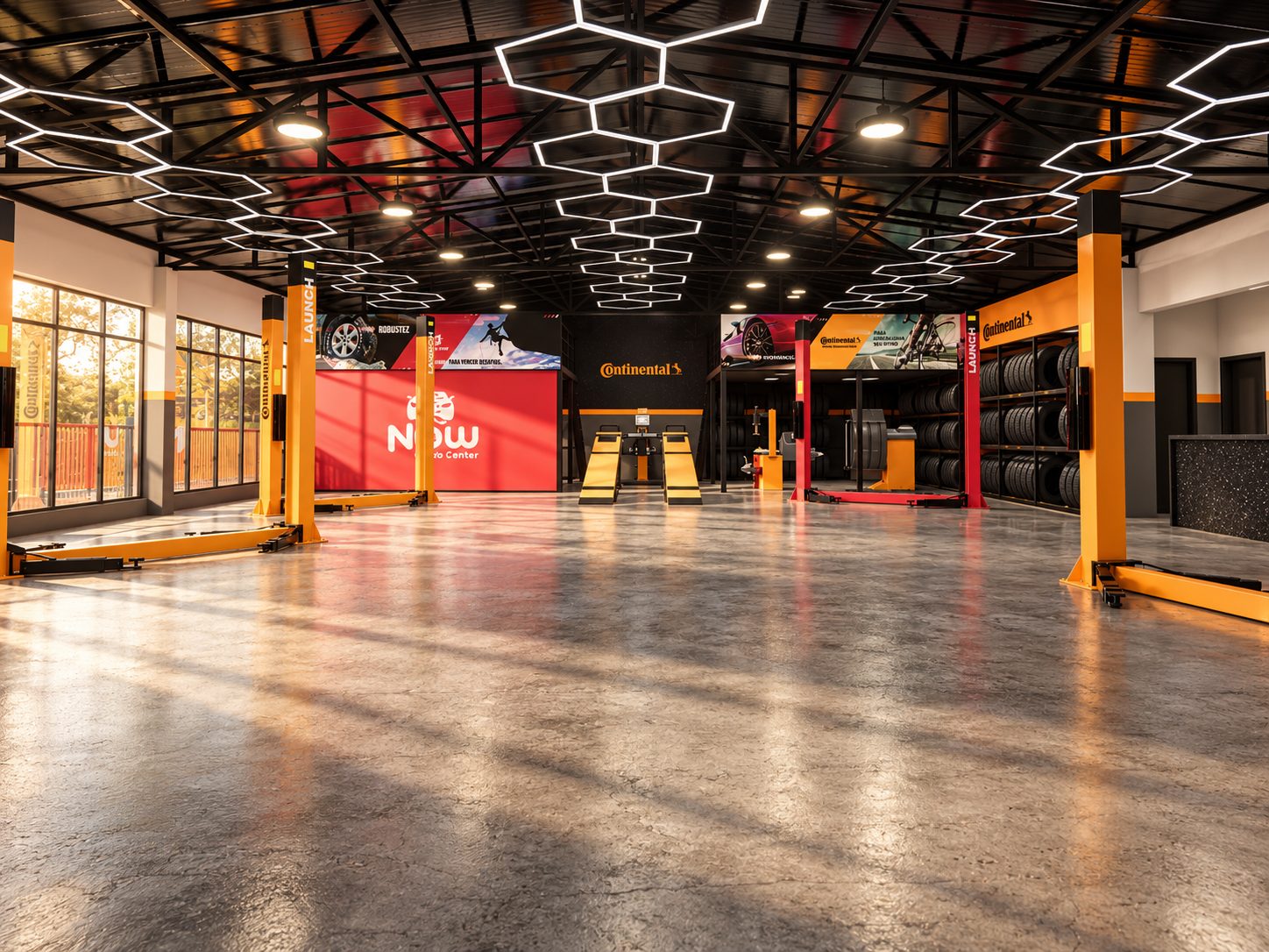 Salão de autocenter com elevadores e iluminação hexagonal