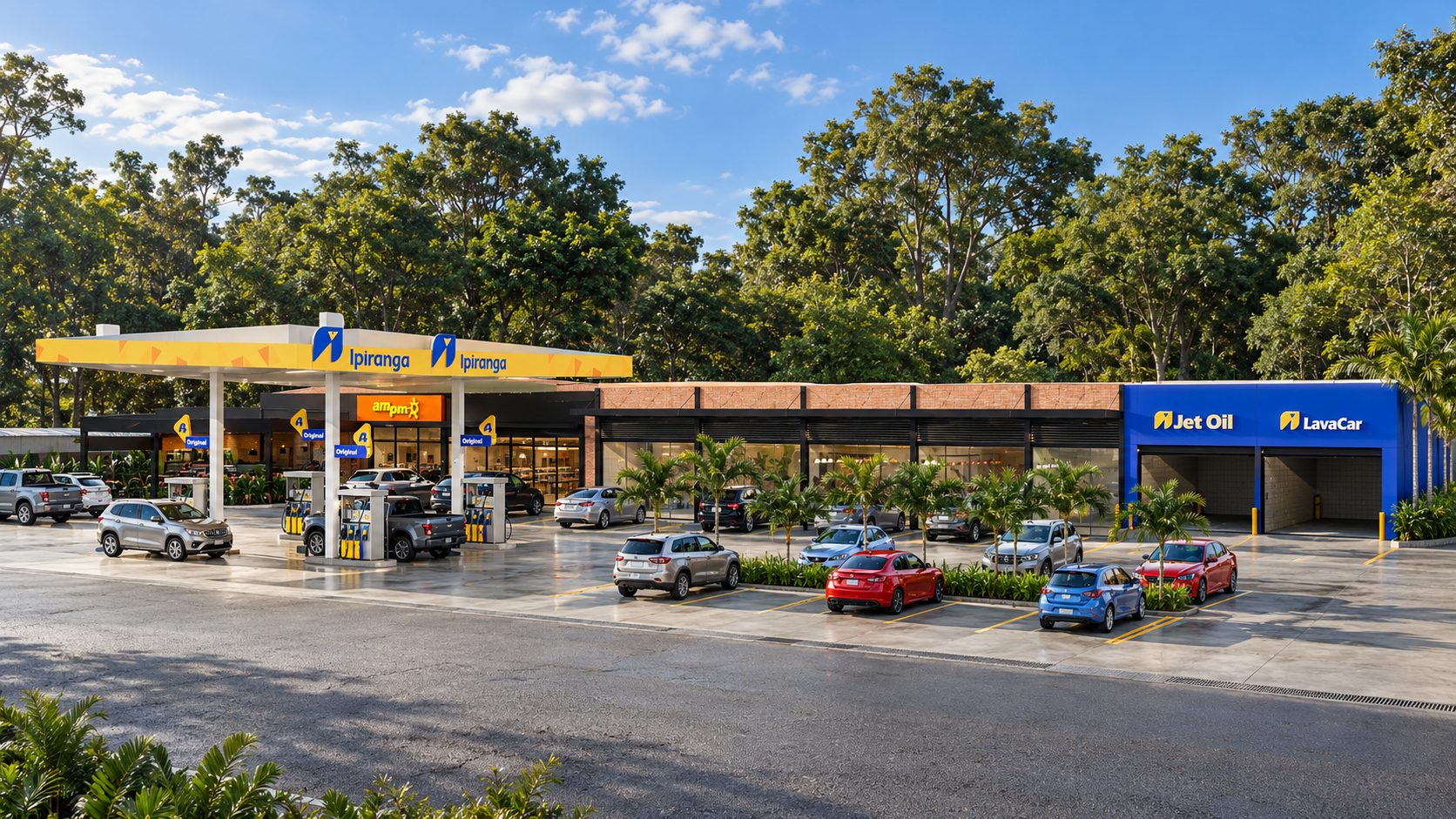 Posto de combustíveis com loja de conveniência em meio a área arborizada