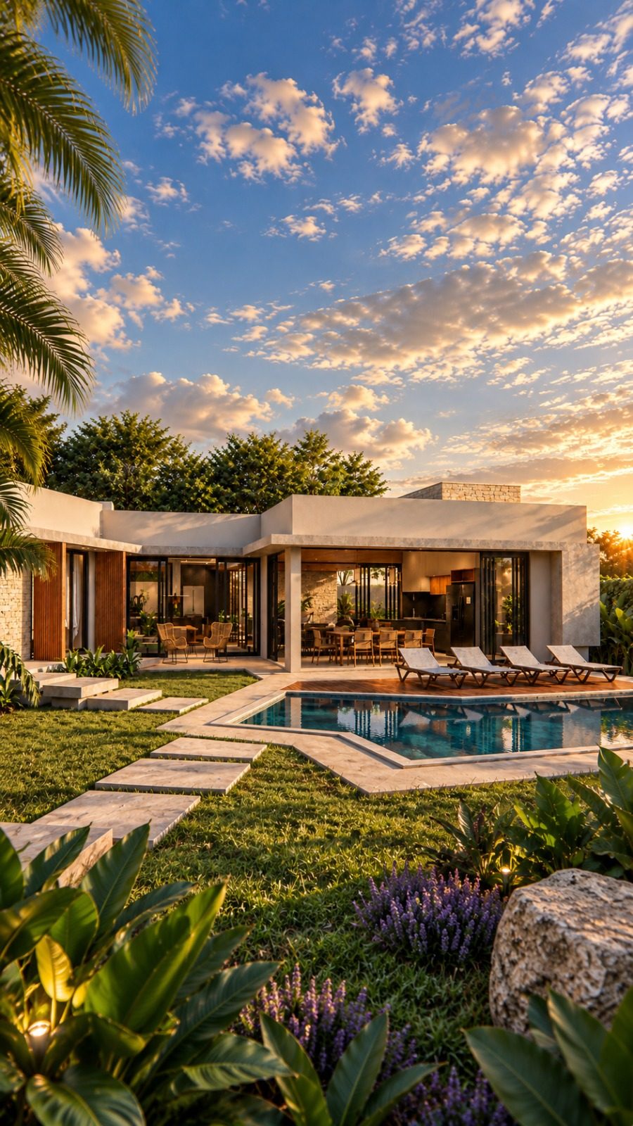 Jardim com piscina e casa térrea ao entardecer